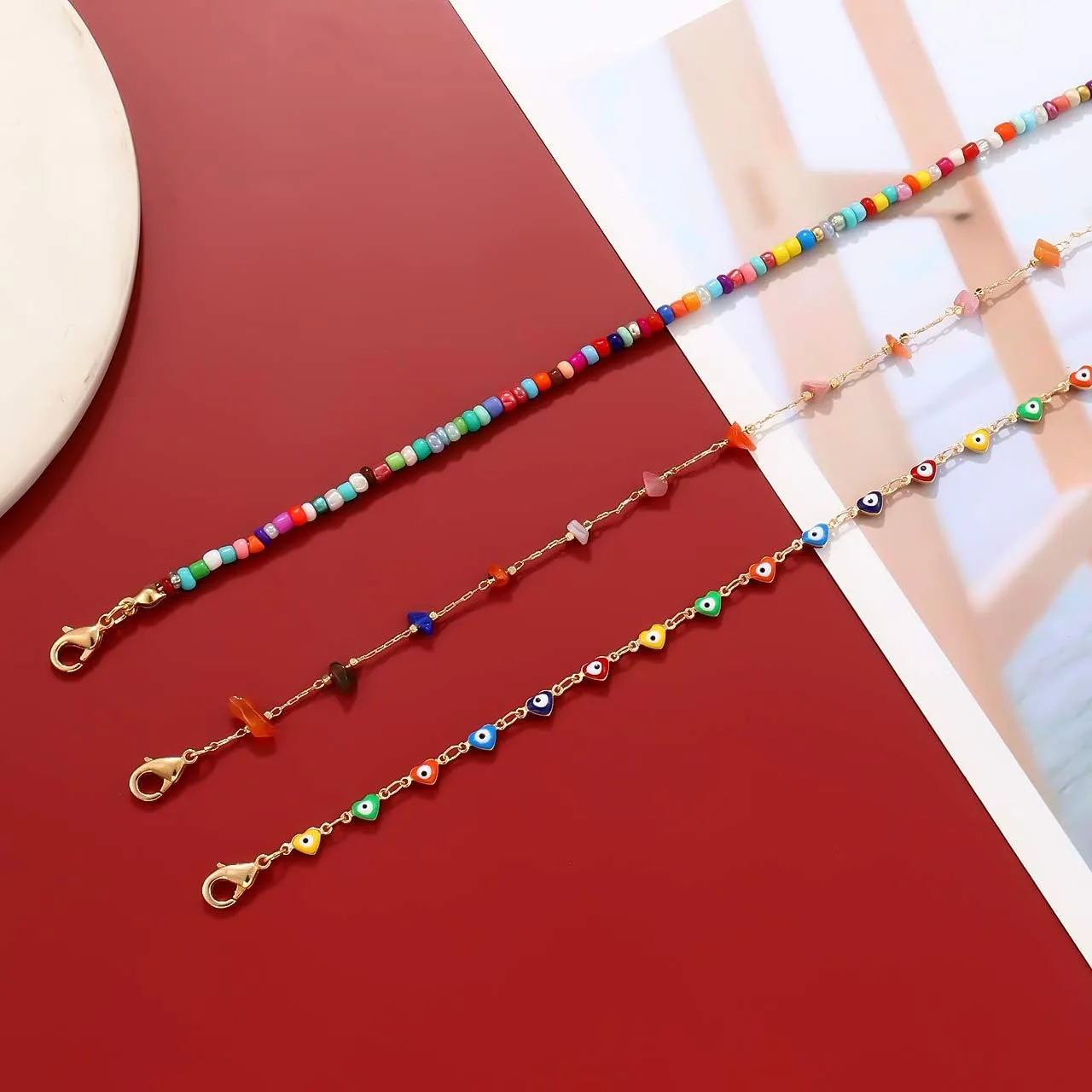 Boho Beaded Ankle Bracelet Beach 18 K Gold Plated Anklet Bracelets Handmade Colorful Seed Beads Butterfly Evil Eye Heart Link Chain Anklet Pack Cute Summer Foot Jewelry for Women