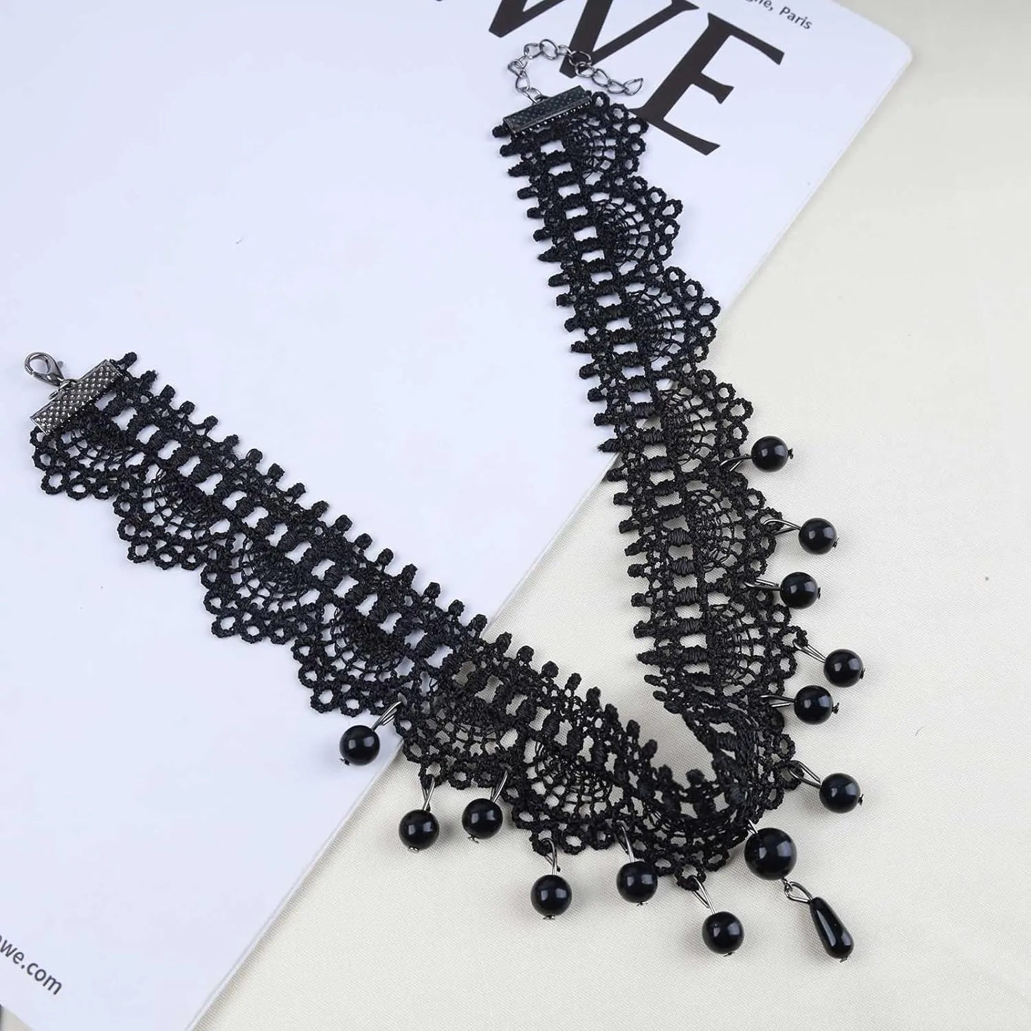 Boho Black Crystal Lace Choker Necklace Tassel Black Teardrop Necklace Choker Gothic Droplet Rhinestone Collar Necklace Retro Vintage Necklace Chain Jewelry for Women and Girls(Black A)