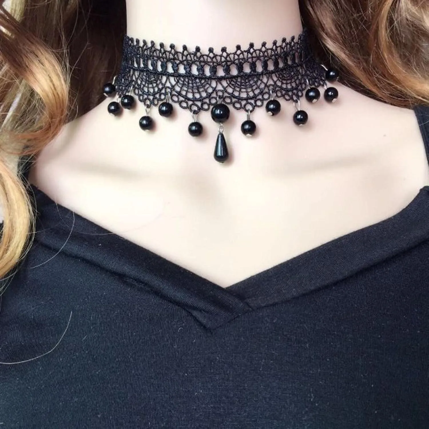 Boho Black Crystal Lace Choker Necklace Tassel Black Teardrop Necklace Choker Gothic Droplet Rhinestone Collar Necklace Retro Vintage Necklace Chain Jewelry for Women and Girls(Black A)