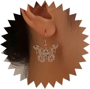 Boho Crystal Butterfly Heart Key Dangle Drop Earrings Gold Rhinestone Butterfly Drop Earrings Crystal Heart Hoop Drop Earrings Crystal Earrings Jewelry for Women and Girls(Butterfly)
