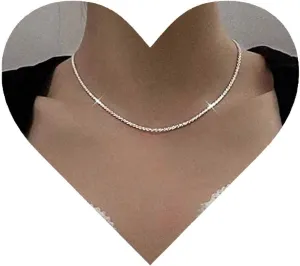 Boho Glitter Gypsophila Chain Necklace Silver Sparkle Chain Choker Necklace Shiny Chain Collar Choker Necklace Minimal Chain Necklace for Women