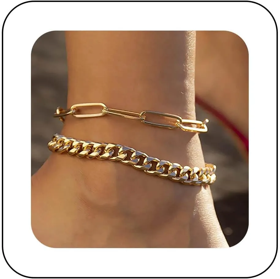 Boho Layered Curb Chain Anklet Paper Clip Anklet Chain Cuban Chain Anklet Bracelet Gold Paperclip Chain Anklets Adjustable Chain Anklet Foot Chain Jewelry for Women