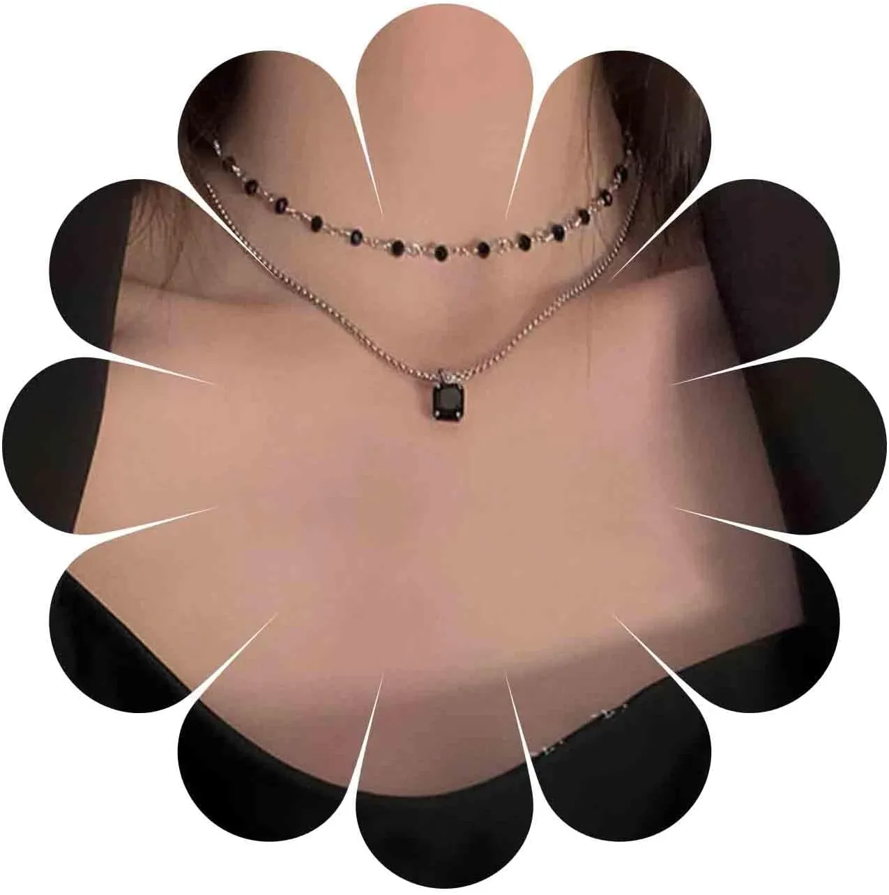 Boho Layered Rhinestone Necklace Black Beads Choker Silver Chain Black Crystal Pendant Necklace Multi-Layered Shining Rhinestone Necklace Minimalist Necklace Jewelry for Women