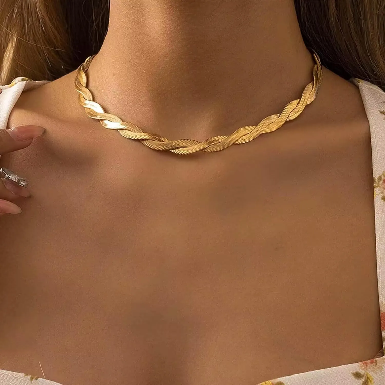 Boho Layered Snake Chain Choker Necklace Gold Herringbone Chain Necklace Flat Snake Necklace Chain Omega Chain Necklace Double Layer Chain Necklace Jewelry for Women