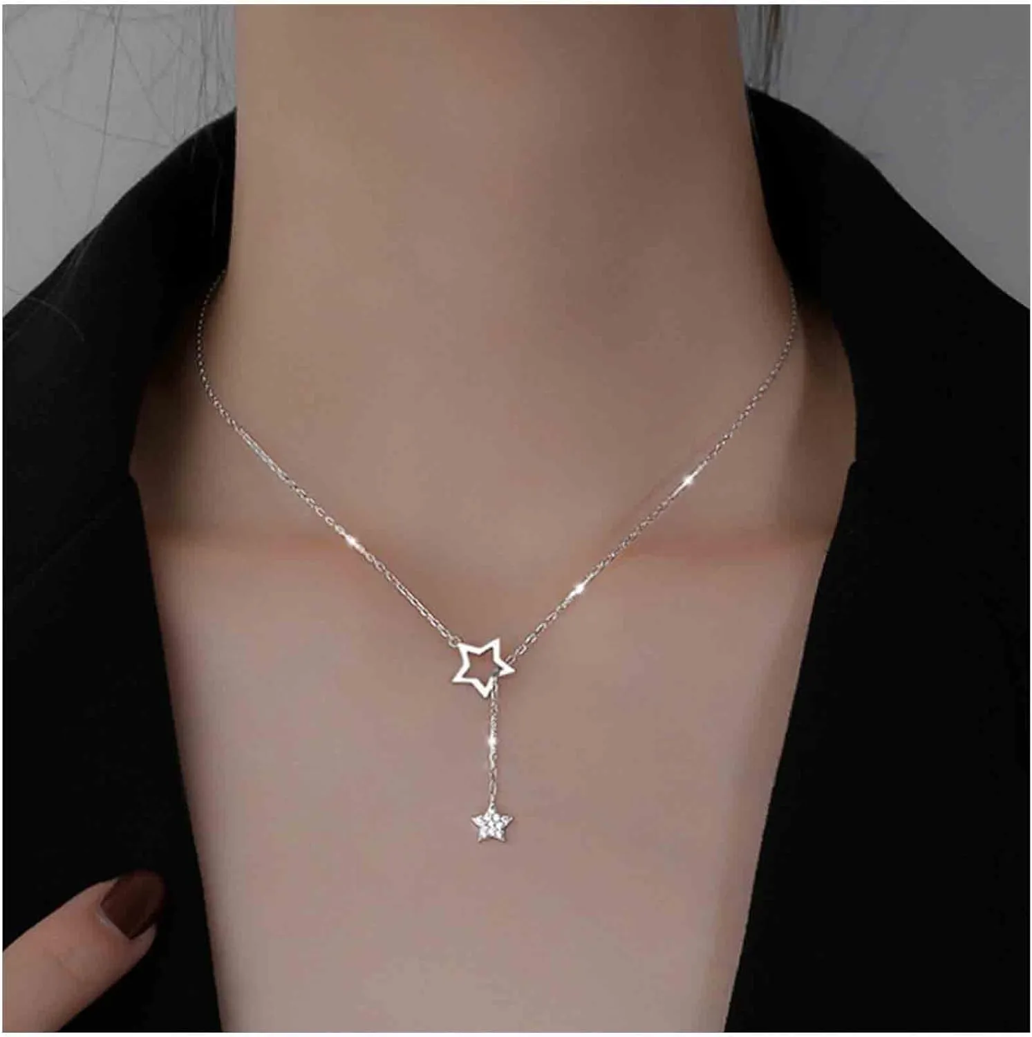 Boho Y Lariat Necklace Gold Crystal Star Drop Choker Cz Star Pendant Simple Chain Jewelry For Women And Girls