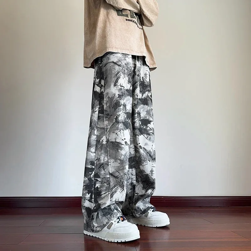 Bonsir Korean Style Tie-dye Print Casual Pants Black Mopping Trousers Men Autumn Fashion Streetwear Pants Unisex Plus Size 5XL-M