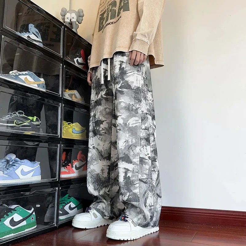 Bonsir Korean Style Tie-dye Print Casual Pants Black Mopping Trousers Men Autumn Fashion Streetwear Pants Unisex Plus Size 5XL-M