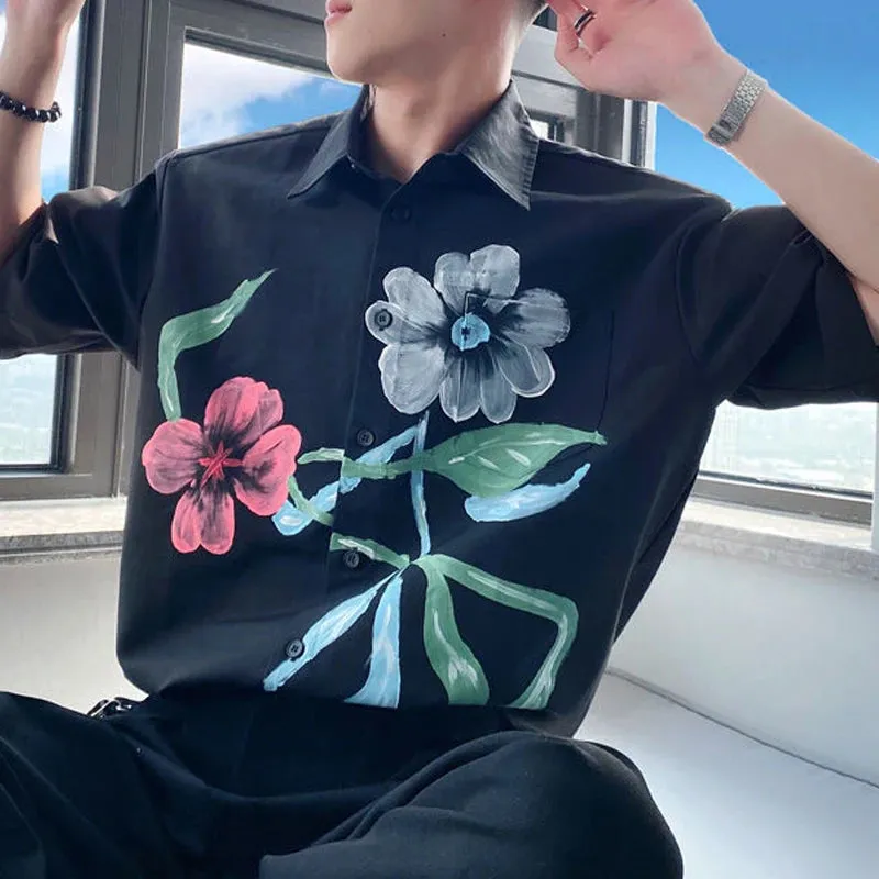Bonsir Men's Trendy Floral Print Lapel Short Sleeve Button Down Shirt Youth Korean Style Casual Streetwear Loose Tops Camisa Masculina