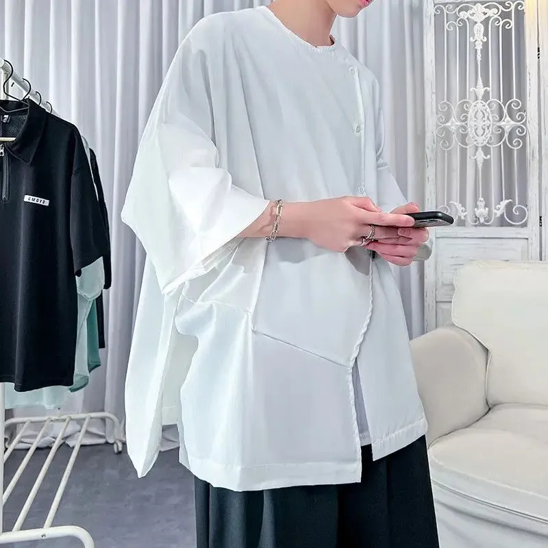 Bonsir Solid Color Summer Korean Version Irregular Trend Korean Version Three Quarter Handsome Men's Clothing Thin Simplicity Shirts