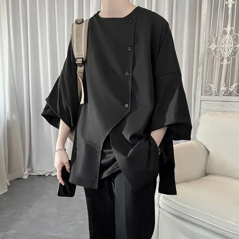 Bonsir Solid Color Summer Korean Version Irregular Trend Korean Version Three Quarter Handsome Men's Clothing Thin Simplicity Shirts