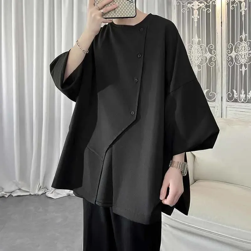 Bonsir Solid Color Summer Korean Version Irregular Trend Korean Version Three Quarter Handsome Men's Clothing Thin Simplicity Shirts