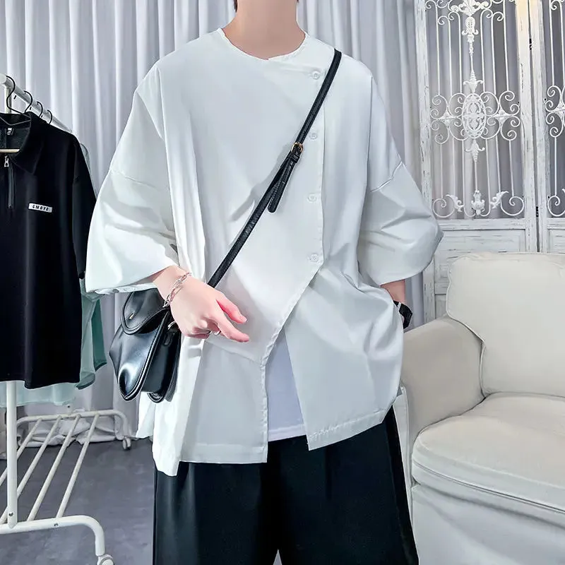 Bonsir Solid Color Summer Korean Version Irregular Trend Korean Version Three Quarter Handsome Men's Clothing Thin Simplicity Shirts