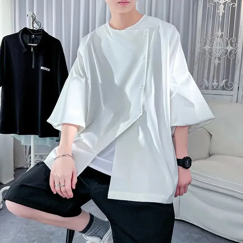 Bonsir Solid Color Summer Korean Version Irregular Trend Korean Version Three Quarter Handsome Men's Clothing Thin Simplicity Shirts