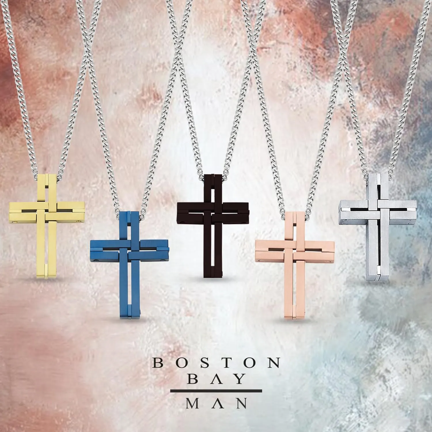 Boston Bay Diamonds Men's Cross Pendant Necklace in 316L Stainless Steel Interlocking Woven Cross on 24” Curb Chain, Choice of Color