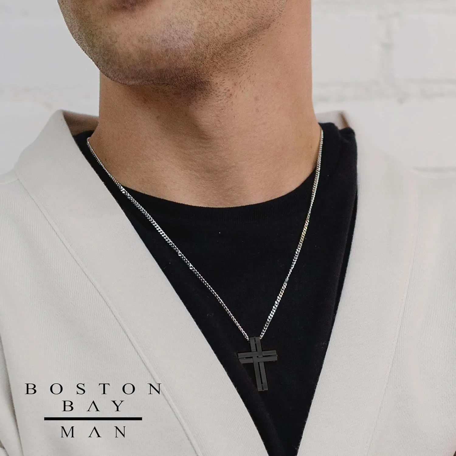 Boston Bay Diamonds Men's Cross Pendant Necklace in 316L Stainless Steel Interlocking Woven Cross on 24” Curb Chain, Choice of Color