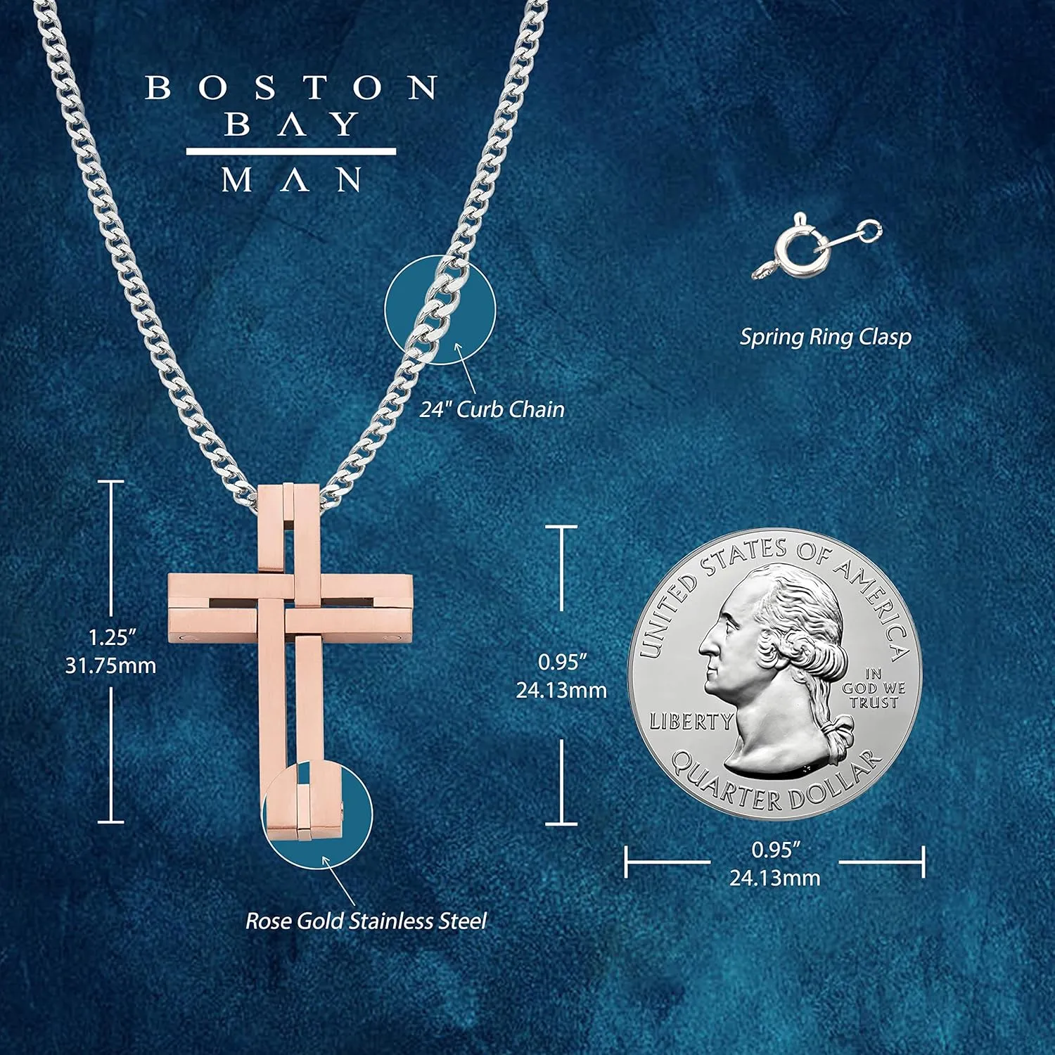 Boston Bay Diamonds Men's Cross Pendant Necklace in 316L Stainless Steel Interlocking Woven Cross on 24” Curb Chain, Choice of Color