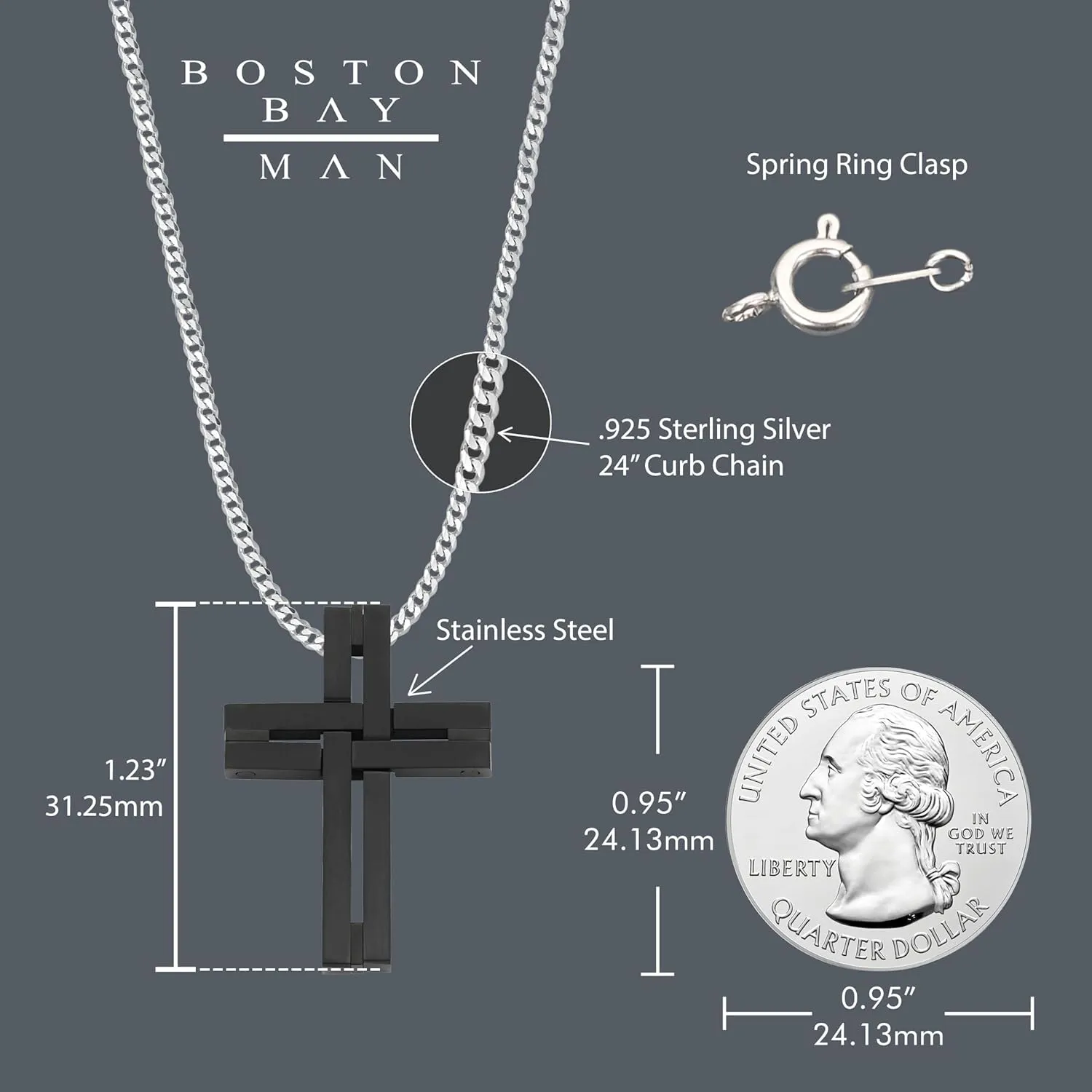 Boston Bay Diamonds Men's Cross Pendant Necklace in 316L Stainless Steel Interlocking Woven Cross on 24” Curb Chain, Choice of Color