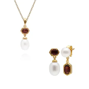 Boucles d'Oreilles et Pendentif Perle Moderne Argent 925 Plaqué Or Grenat et Perle