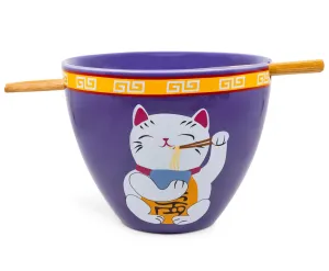 Bowl Bop Purple Lucky Cat Japanese Dinner Set | 16-Ounce Ramen Bowl, Chopsticks