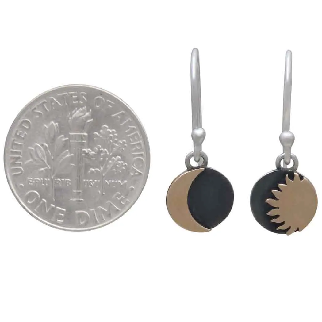 Bronze Over Oxidized Sterling Silver Mixed Metal Sun and Moon Dangle Earrings 22x8mm