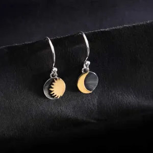 Bronze Over Oxidized Sterling Silver Mixed Metal Sun and Moon Dangle Earrings 22x8mm