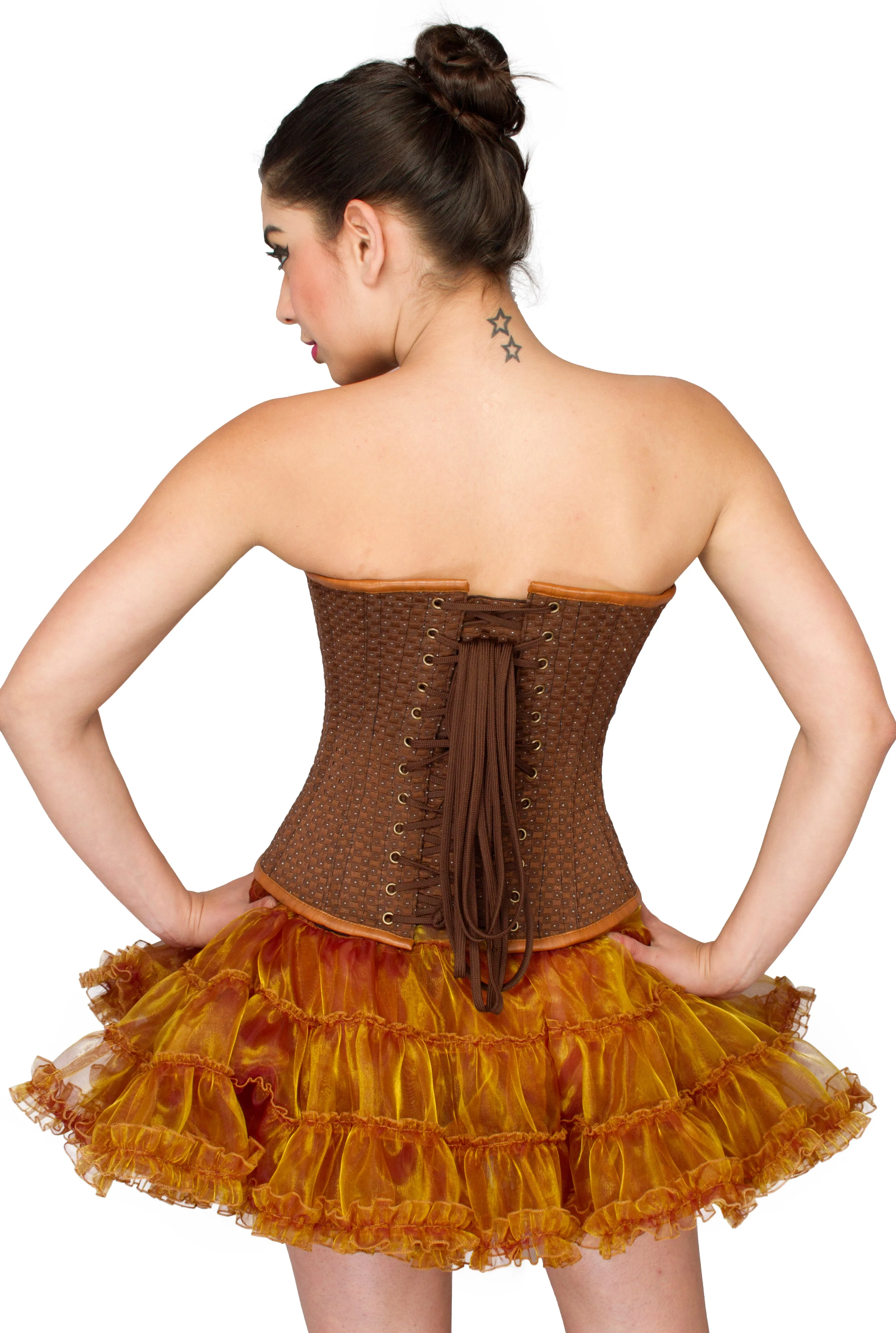 Brown Cotton Brocade with Leather Belts Overbust Plus Size Corset Top