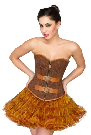 Brown Cotton Brocade with Leather Belts Overbust Plus Size Corset Top