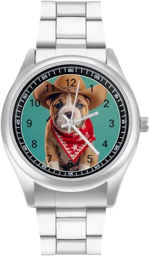 Bulldog Puppy Watches Stainless Steel Band Wristwatch Business Dress Watch for Work Home