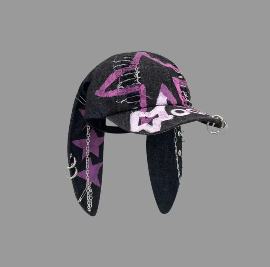 Bunny Ears Denim Graffiti Baseball Cap