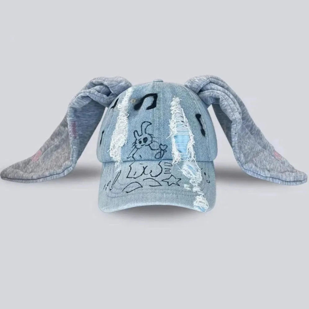 Bunny Ears Denim Graffiti Baseball Cap