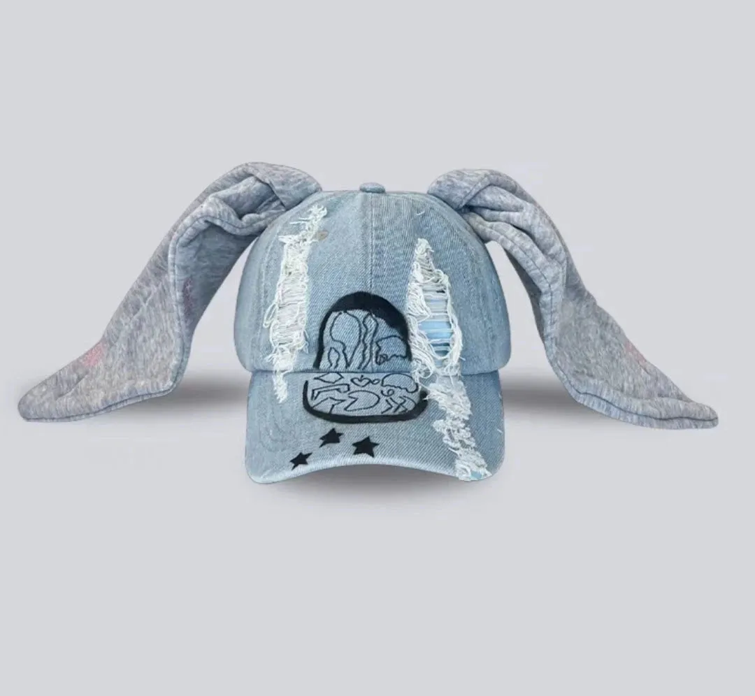 Bunny Ears Denim Graffiti Baseball Cap