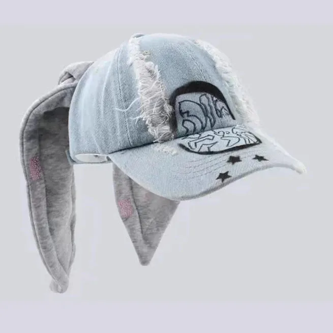 Bunny Ears Denim Graffiti Baseball Cap