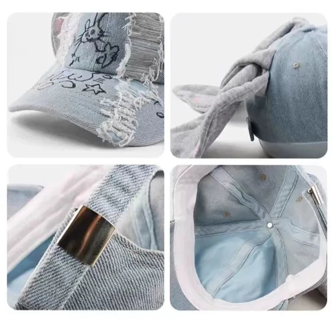 Bunny Ears Denim Graffiti Baseball Cap