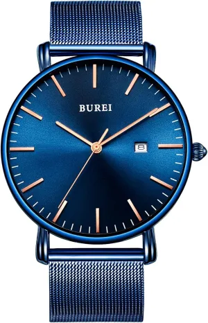 BUREI Men's Fashion Minimalist Wrist Watch All Black Waterproof Watches Simple Ultra Thin Watches Analog Quartz Date with Stainless Steel Mesh Band