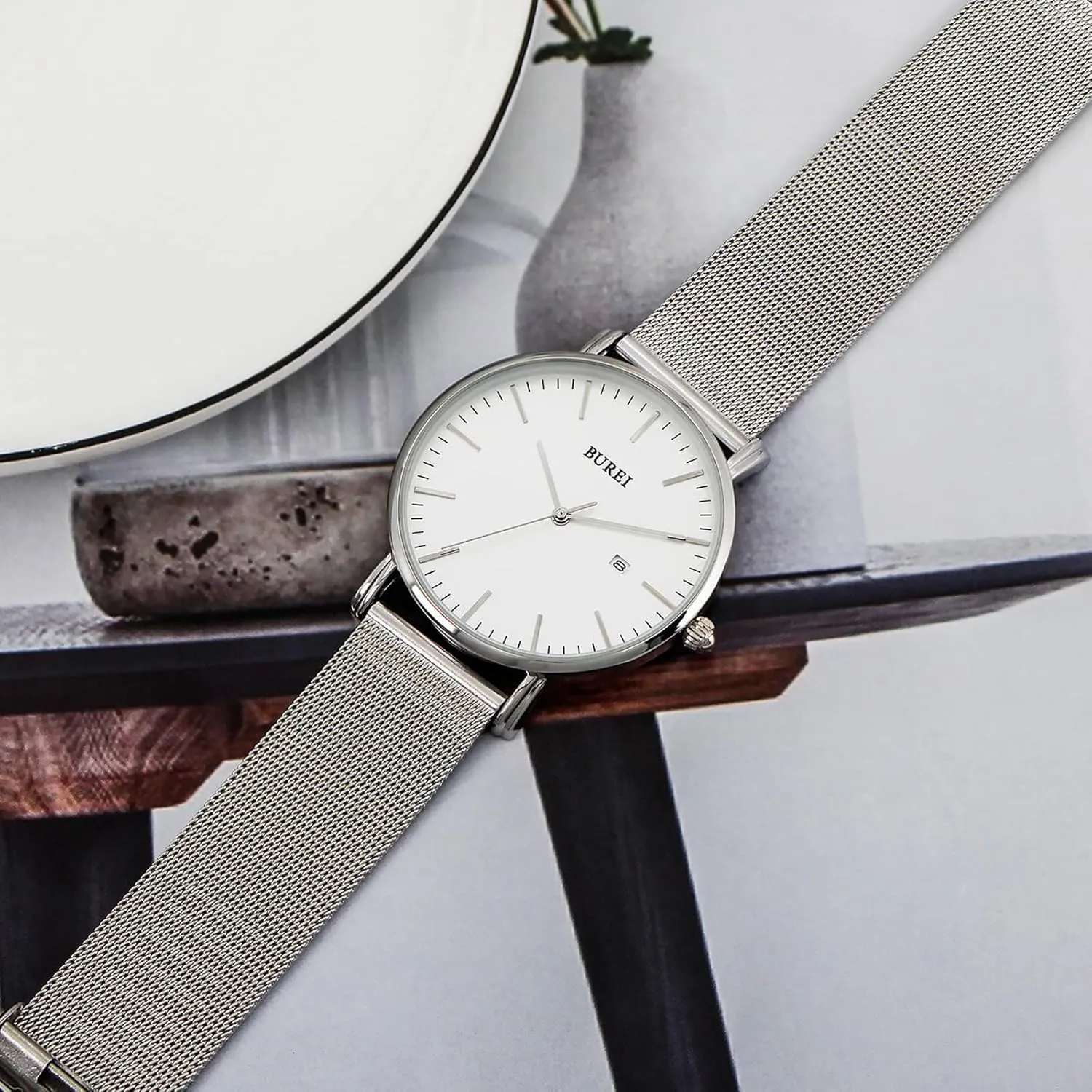 BUREI Men's Fashion Minimalist Wrist Watch All Black Waterproof Watches Simple Ultra Thin Watches Analog Quartz Date with Stainless Steel Mesh Band