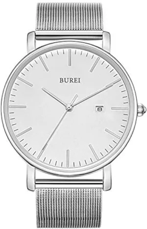 BUREI Men's Fashion Minimalist Wrist Watch All Black Waterproof Watches Simple Ultra Thin Watches Analog Quartz Date with Stainless Steel Mesh Band