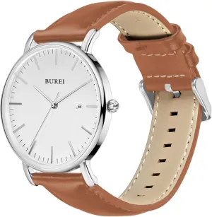 BUREI Men's Fashion Wrist Watch Minimalist Simple Watches for Men Ultra Thin Watch Analog Quartz Watches Leather Strap Watches with Date (Silver Brown)