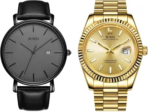 BUREI Two Men Watches Fashion Minimalist Waterproof Leather Watches for Men