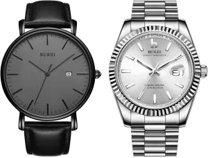 BUREI Two Men Watches Fashion Minimalist Waterproof Leather Watches for Men