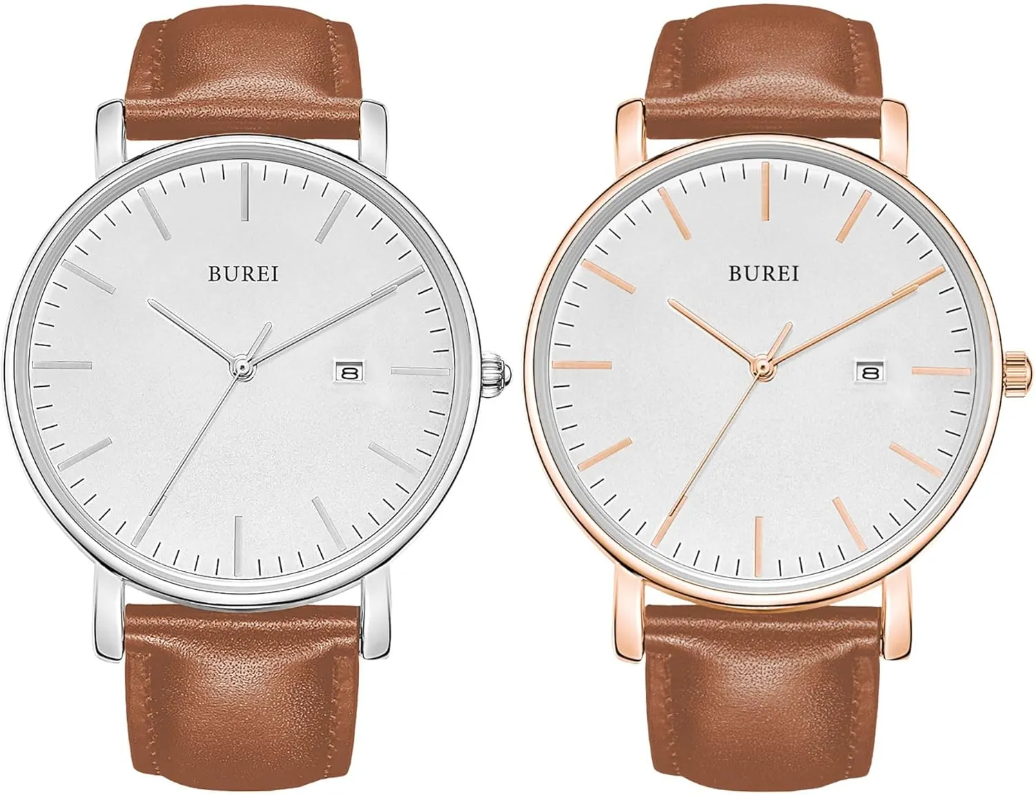 BUREI Two Minimalisr Leather Strap Watches