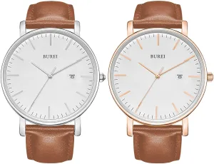 BUREI Two Minimalisr Leather Strap Watches