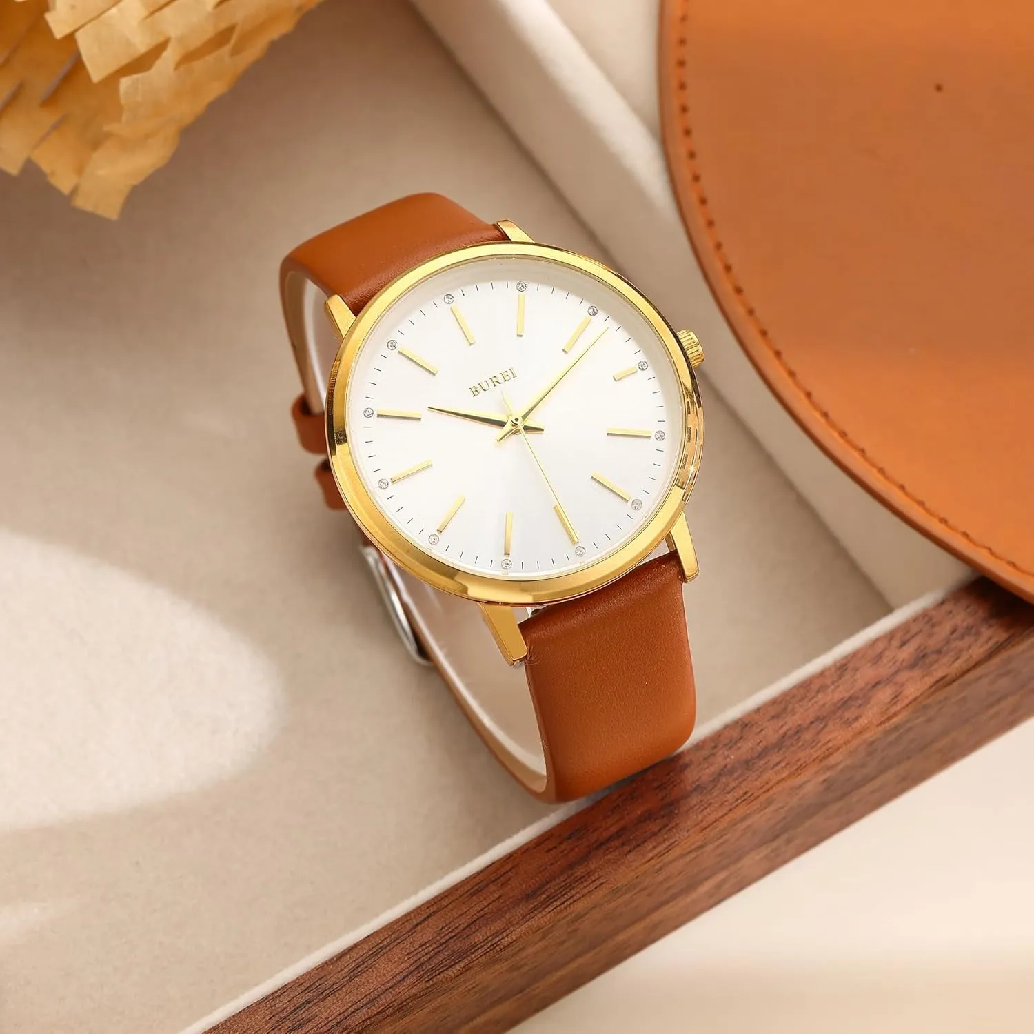 BUREI Women Wrist Watches Fashion Minimalist Analog Leather Quartz Waterproof Watches for Women