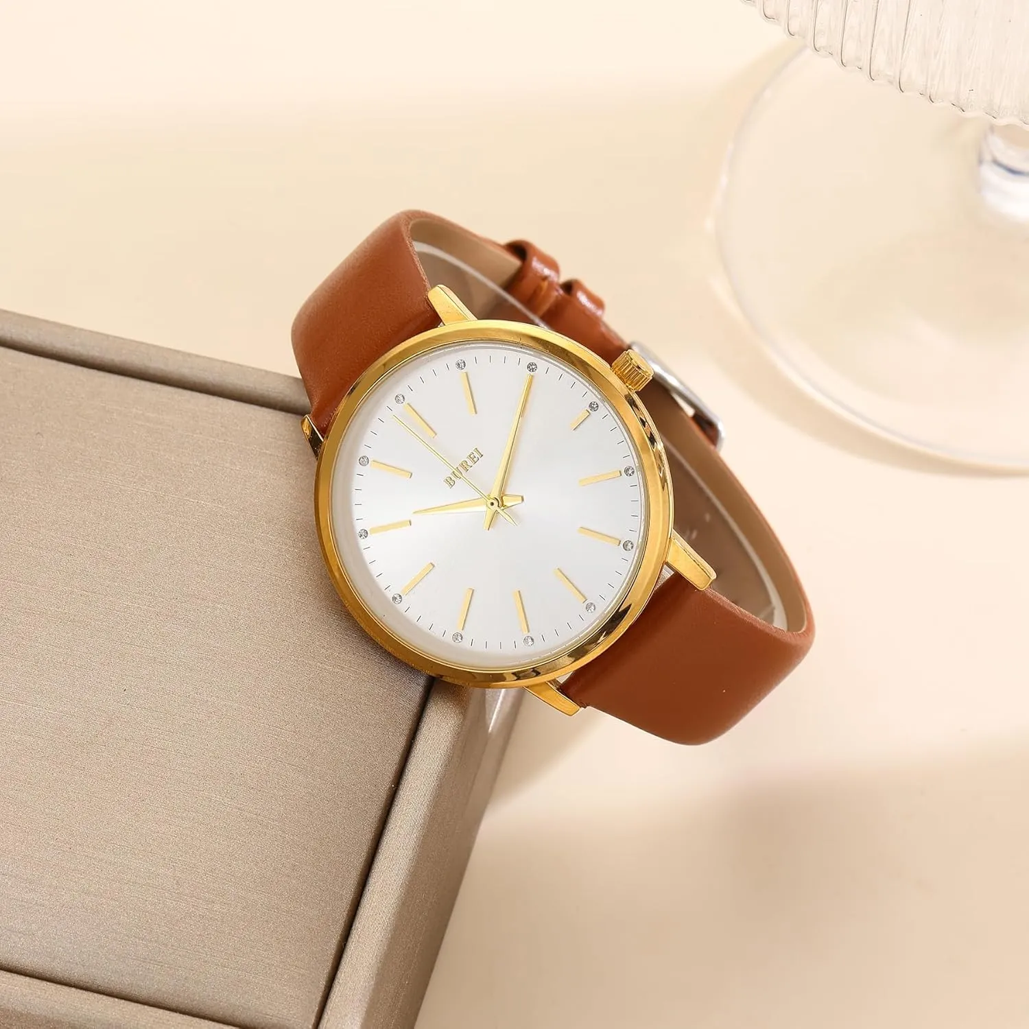 BUREI Women Wrist Watches Fashion Minimalist Analog Leather Quartz Waterproof Watches for Women