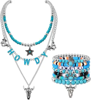 BVGA Western Turquoise Necklace Bracelets for Women Cowgirl Layered Bull Head HOWDY Star Pendant Choker Necklace Turquoise Beaded Stackable Stretch Bracelets Western Jewelry Set for Women