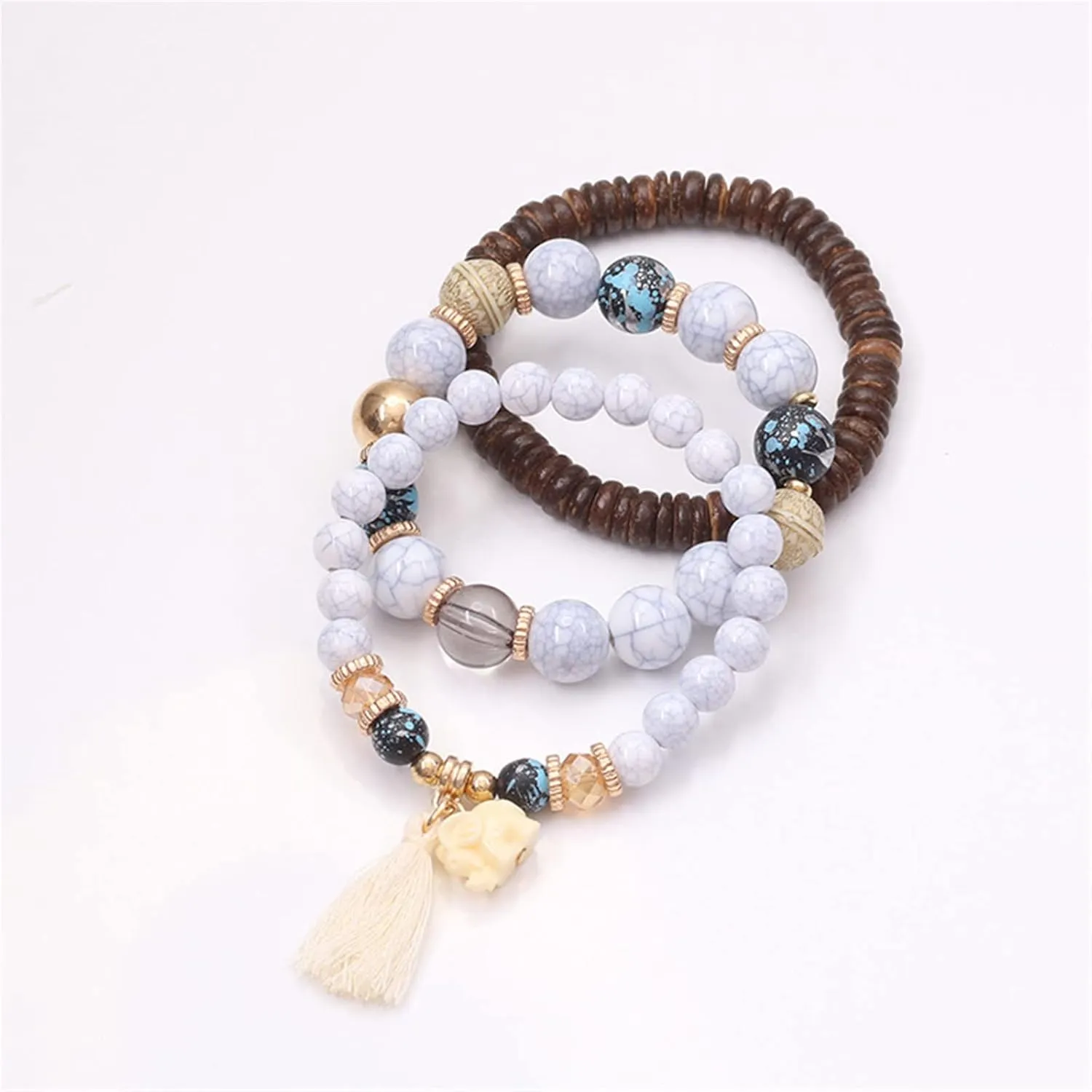 Caiyao Bohemian Stackable Wood Wooden Beads Elephant Charm Tassel Stretchy Bracelet Set for Women Men Multilayered Multicolor Acrylic Resin Seeds Bracelet Ethnic Jewelry Gift
