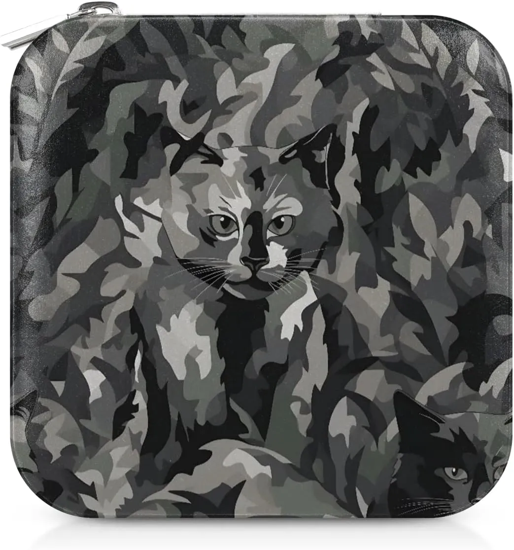 Camouflage Patterned Cat Travel Jewelry Case PU Leather Portable Jewelry Box with Mirror Mini Jewelry Travel Box for Rings Earrings Necklaces Bracelet