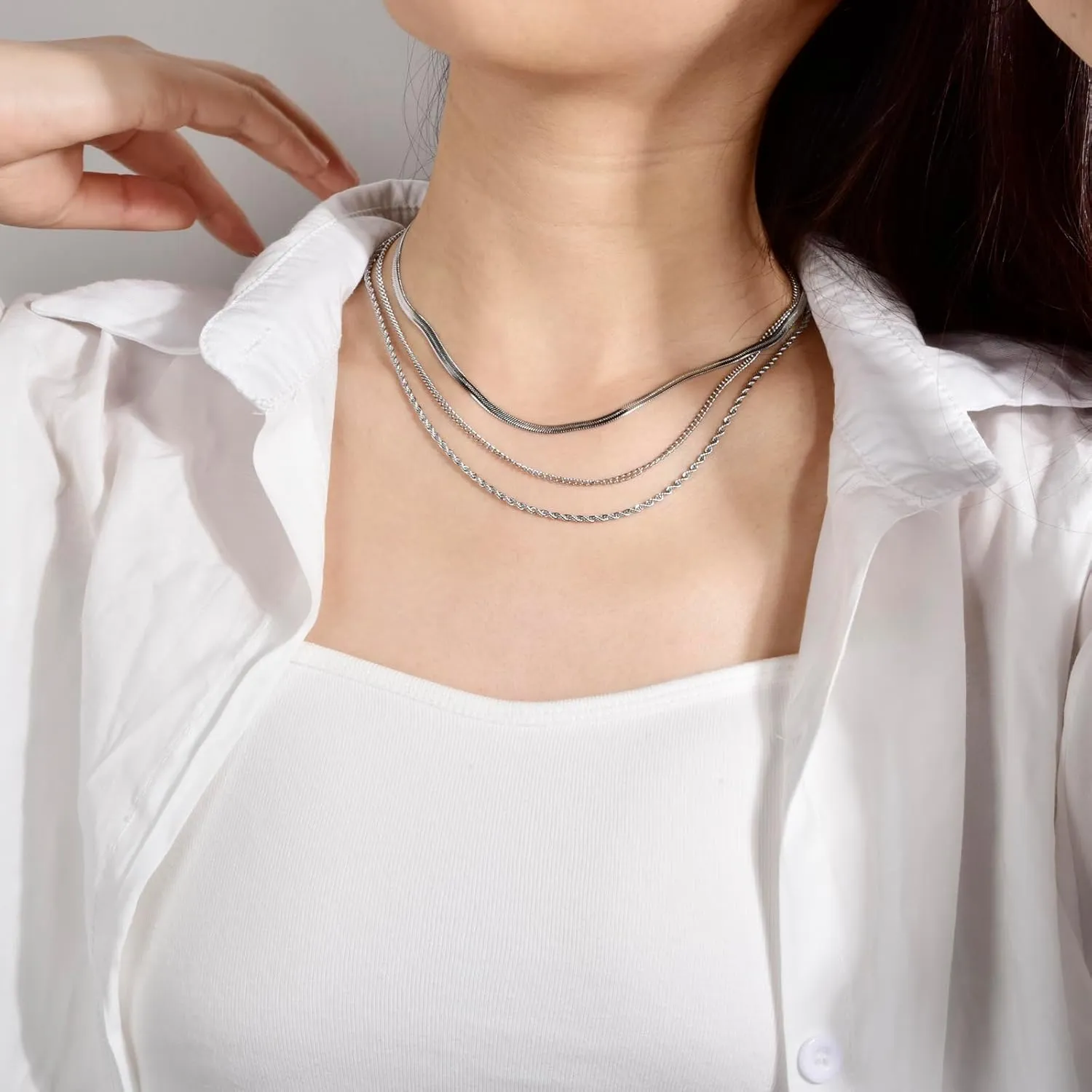 CANDYFANCY Dainty Gold Layered Necklace for Women Herringbone Snake Cuban Cable Chain Paperclip Rope Beaded Link Choker Layering Necklaces Set for Women Trendy Jewelry Gifts