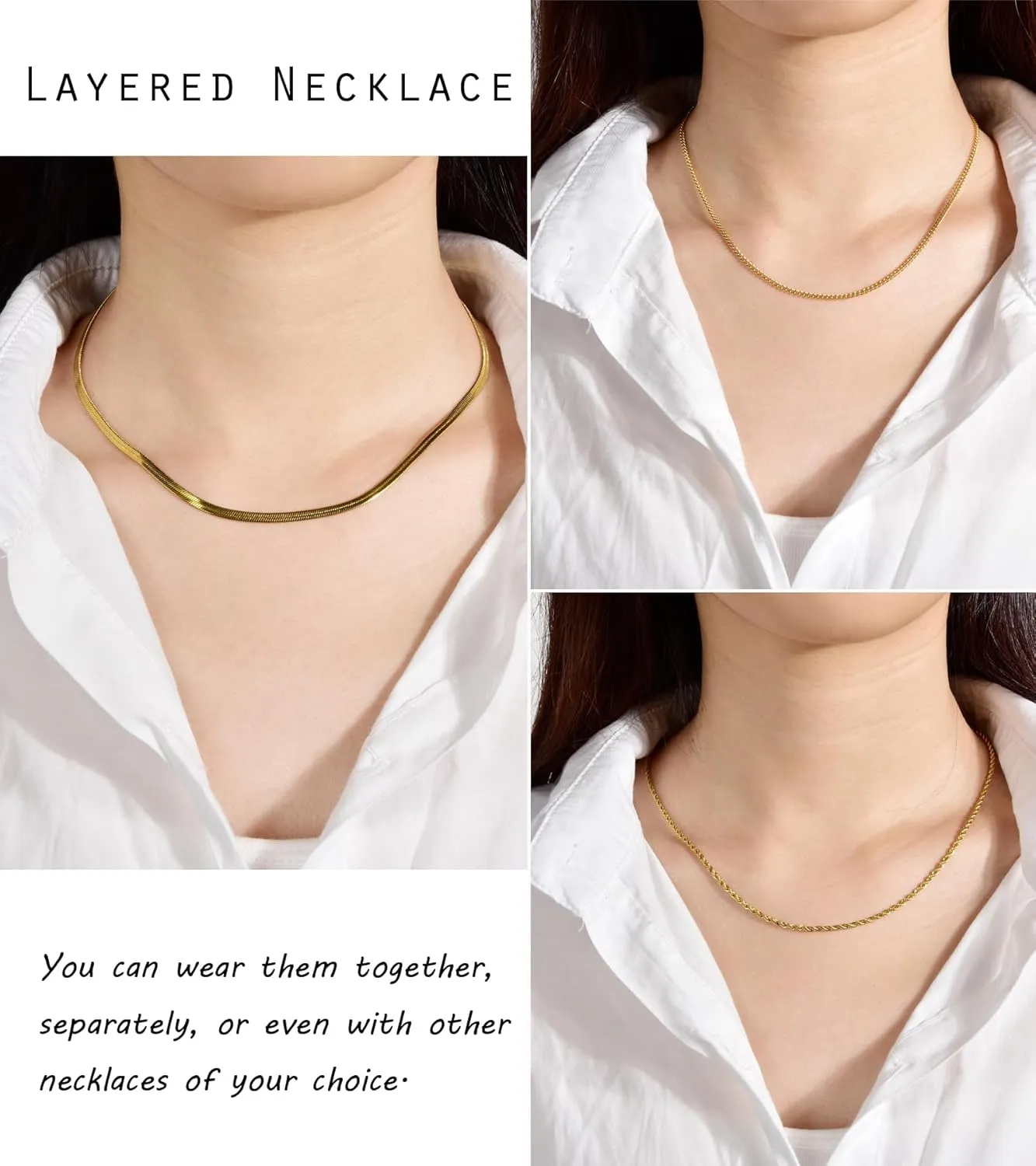 CANDYFANCY Dainty Gold Layered Necklace for Women Herringbone Snake Cuban Cable Chain Paperclip Rope Beaded Link Choker Layering Necklaces Set for Women Trendy Jewelry Gifts