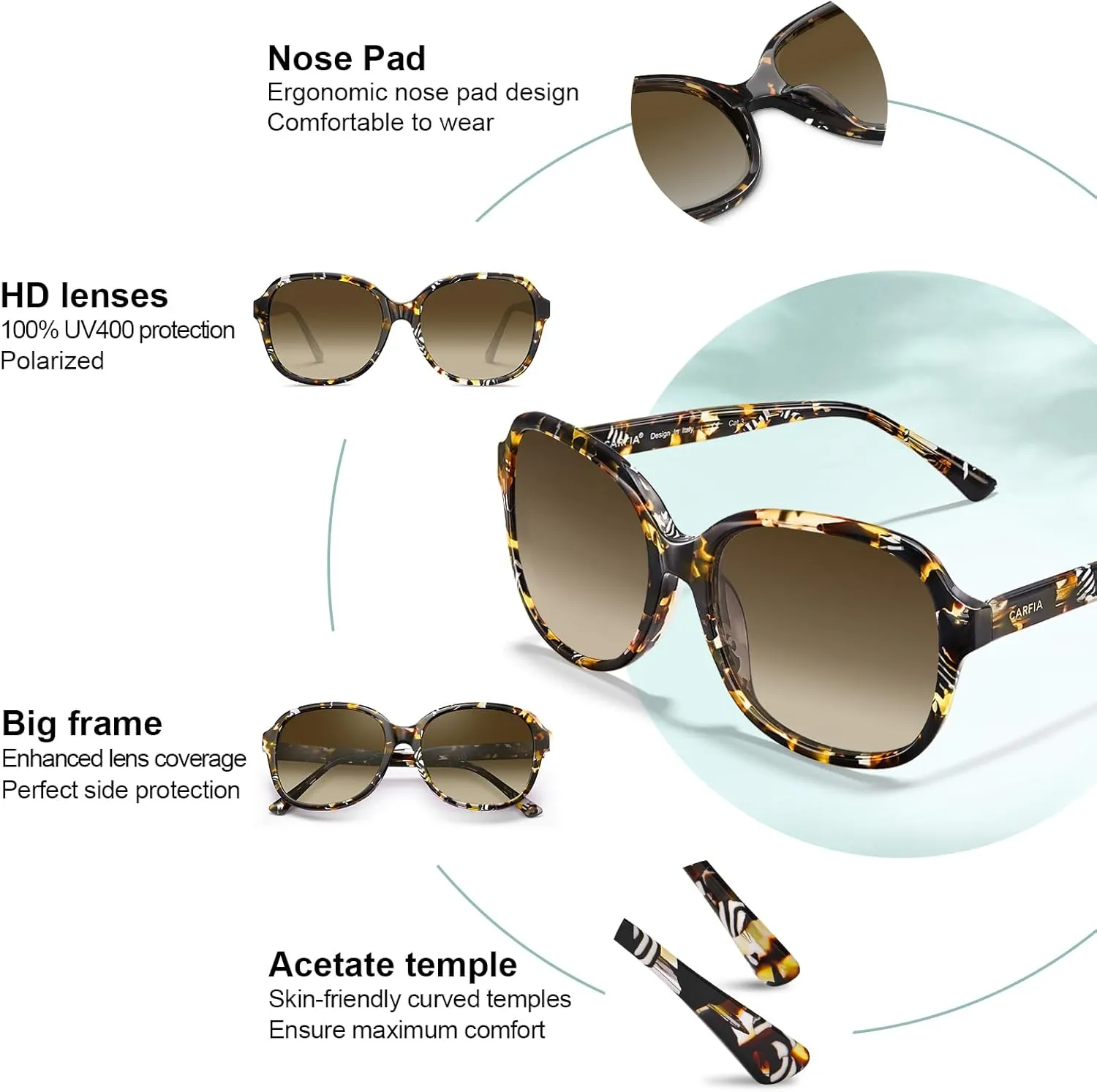 CARFIA Acetate Polarized Sunglasses for Women UV Protection Retro Trendy Big Sunnies CA2024