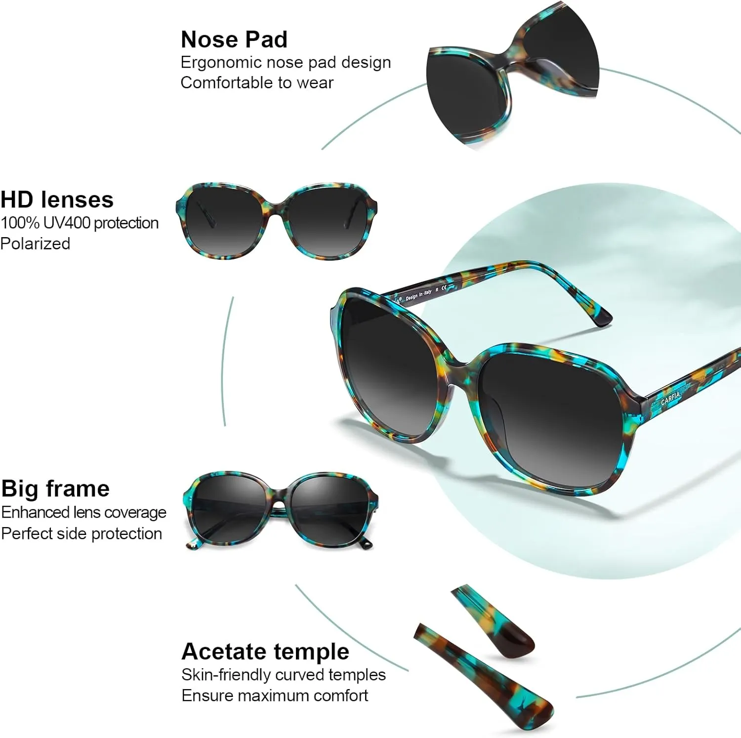 CARFIA Acetate Polarized Sunglasses for Women UV Protection Retro Trendy Big Sunnies CA2024